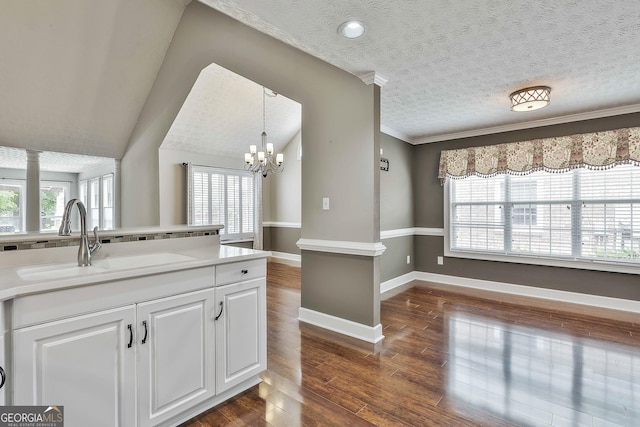 135 Fairway Ct, Newnan, GA 30265 - kitchen with healthy amount of natural light, a sink, dark wood-style floors, and crown molding