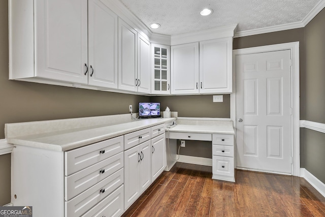 135 Fairway Ct, Newnan, GA 30265 - unfurnished office featuring dark wood finished floors, baseboards, crown molding, recessed lighting, and a textured ceiling