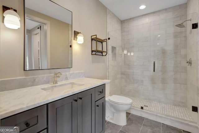 1130 Lupo Loop, Chattahoochee Hills, GA 30268 - full bath with vanity, a stall shower, tile patterned floors, and recessed lighting