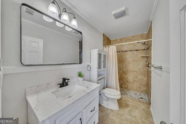 full bath with toilet, a tile shower, vanity, and crown molding