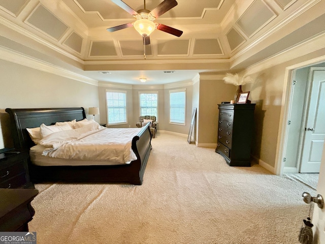 bedroom featuring light carpet, ceiling fan, baseboards, and ornamental molding