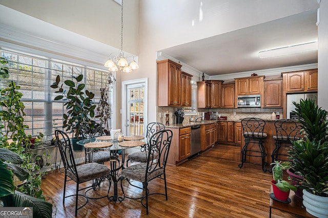 kitchen with appliances with stainless steel finishes, a sink, a chandelier, dark wood finished floors, and decorative backsplash