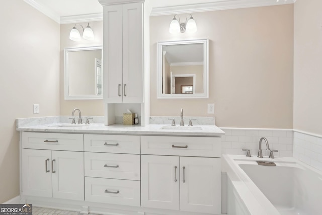918 Guinevere Way SW, Lilburn, GA 30047 - full bathroom featuring ornamental molding, double vanity, and a garden tub