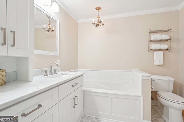 918 Guinevere Way SW, Lilburn, GA 30047 - bathroom featuring a chandelier, vanity, a bath, and crown molding