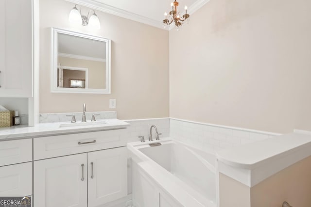 918 Guinevere Way SW, Lilburn, GA 30047 - full bath featuring ornamental molding, vanity, a garden tub, and a chandelier