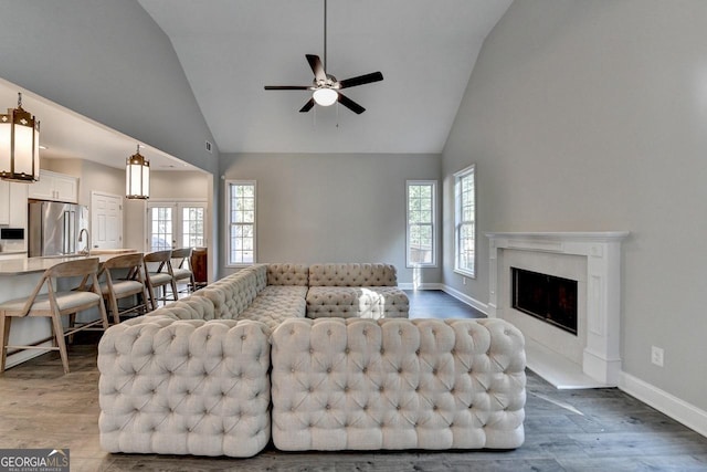 living area featuring a wealth of natural light, high vaulted ceiling, and wood finished floors