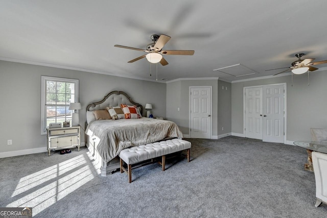carpeted bedroom featuring crown molding, baseboards, and ceiling fan