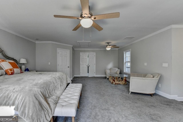 bedroom featuring baseboards, attic access, crown molding, carpet floors, and visible vents