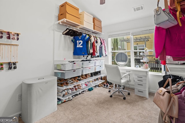 home office featuring visible vents and carpet floors