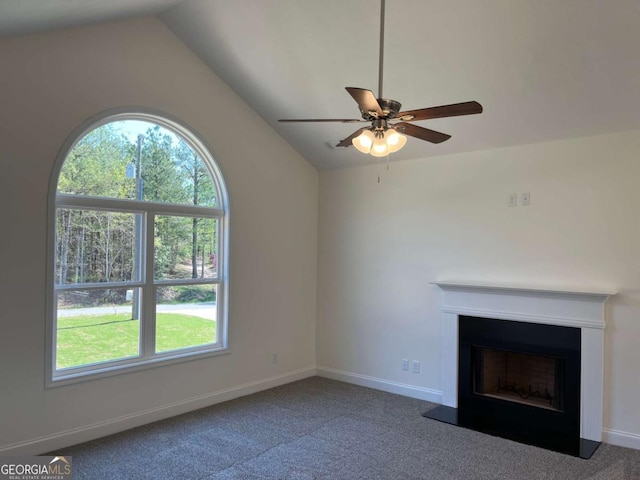 202 Gamel Rd, Dallas, GA 30157 - unfurnished living room featuring ceiling fan, a fireplace, carpet floors, lofted ceiling, and baseboards