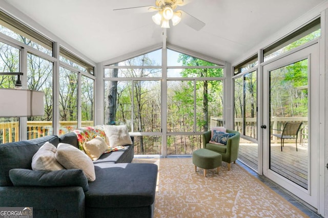 sunroom / solarium featuring outdoor lounge area, a healthy amount of sunlight, and ceiling fan