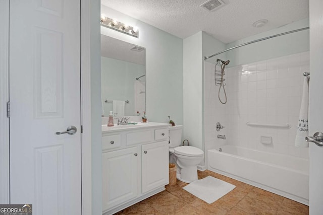 bathroom with shower / bathtub combination, a textured ceiling, vanity, visible vents, and toilet