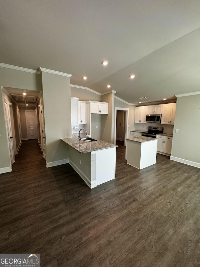 1037 E Doyle St, Toccoa, GA 30577 - kitchen featuring stainless steel appliances, dark wood-type flooring, white cabinetry, crown molding, and light stone countertops