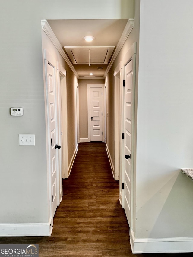 1037 E Doyle St, Toccoa, GA 30577 - hallway with attic access, ornamental molding, and dark wood-type flooring