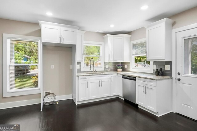 kitchen with a sink, tasteful backsplash, white cabinetry, and dishwasher