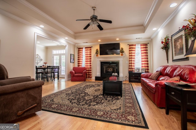 4149 Yancey Rd, Douglasville, GA 30135 - living area featuring a wealth of natural light, ceiling fan, a tray ceiling, and wood finished floors