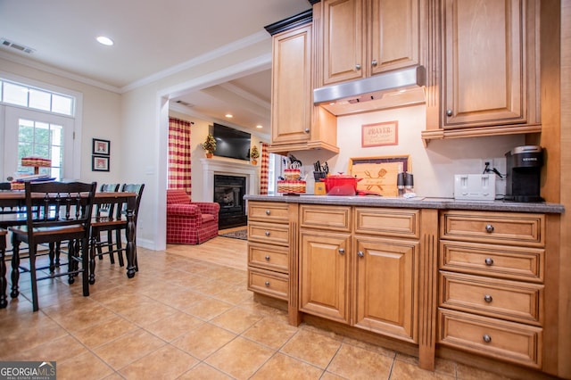 4149 Yancey Rd, Douglasville, GA 30135 - kitchen featuring crown molding, a glass covered fireplace, visible vents, under cabinet range hood, and light tile patterned flooring