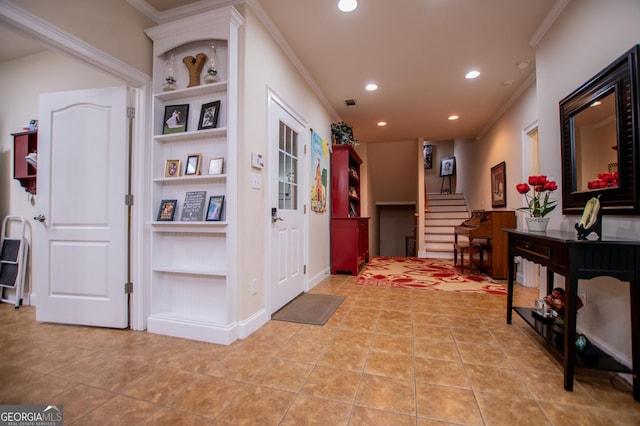 4149 Yancey Rd, Douglasville, GA 30135 - hall with ornamental molding, recessed lighting, light tile patterned floors, stairs, and built in shelves