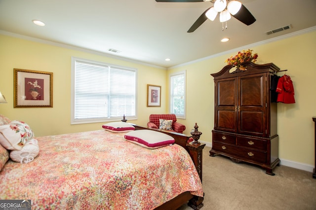 4149 Yancey Rd, Douglasville, GA 30135 - bedroom featuring light colored carpet, ornamental molding, visible vents, and recessed lighting