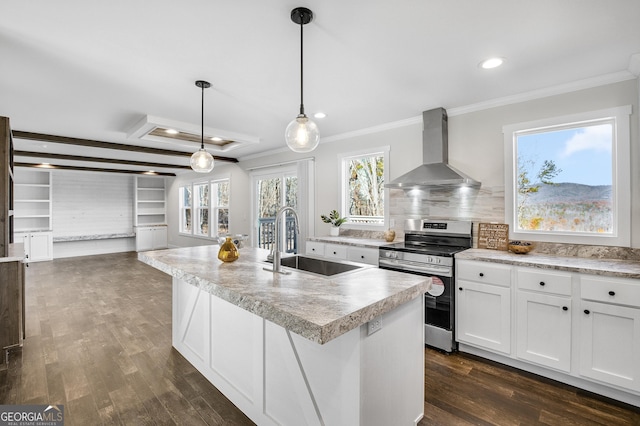 350 Pea Ridge Rd, Ball Ground, GA 30107 - kitchen featuring wall chimney range hood, stainless steel electric range, a sink, crown molding, and light countertops