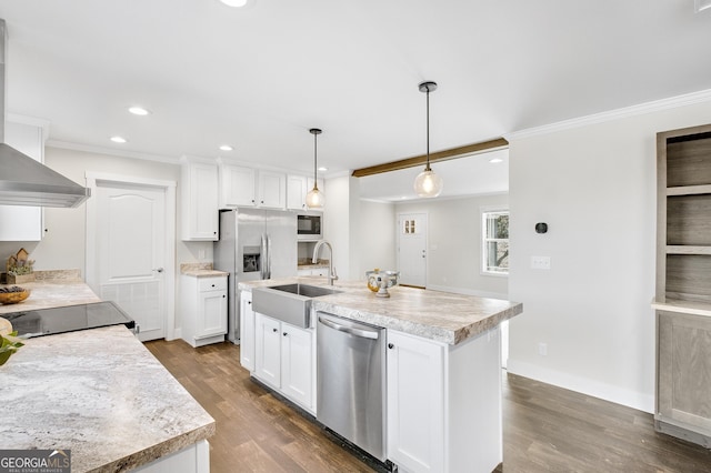 350 Pea Ridge Rd, Ball Ground, GA 30107 - kitchen featuring appliances with stainless steel finishes, wall chimney range hood, ornamental molding, a sink, and recessed lighting