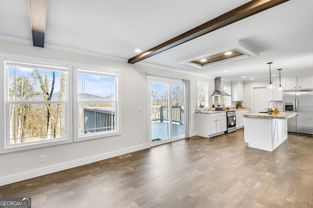 350 Pea Ridge Rd, Ball Ground, GA 30107 - kitchen with stainless steel appliances, wall chimney range hood, a sink, beam ceiling, and white cabinets