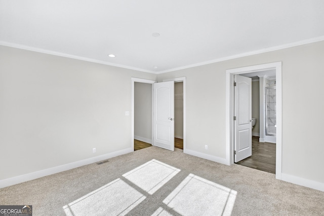 350 Pea Ridge Rd, Ball Ground, GA 30107 - unfurnished bedroom with carpet, ornamental molding, baseboards, and recessed lighting