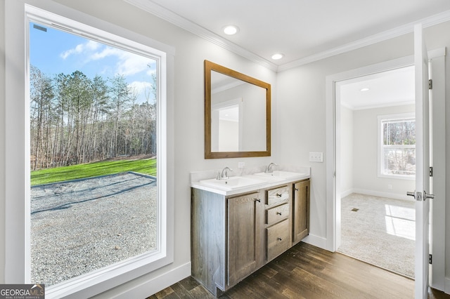 350 Pea Ridge Rd, Ball Ground, GA 30107 - full bath with double vanity, recessed lighting, ornamental molding, wood finished floors, and baseboards
