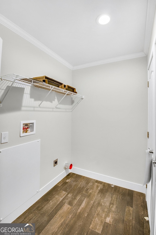 350 Pea Ridge Rd, Ball Ground, GA 30107 - washroom featuring electric dryer hookup, hookup for a washing machine, ornamental molding, dark wood-style floors, and baseboards
