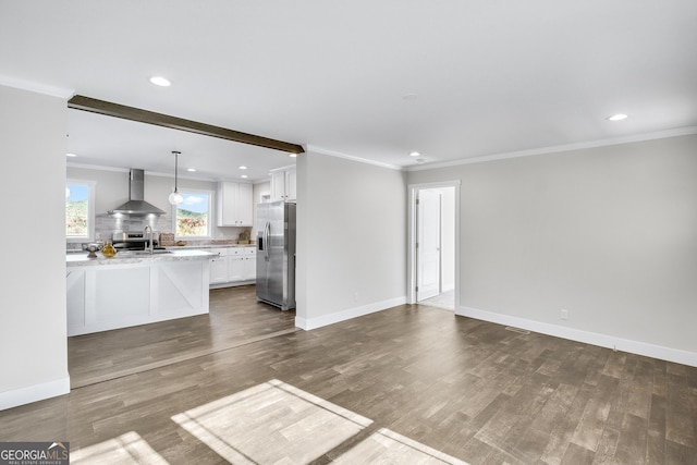350 Pea Ridge Rd, Ball Ground, GA 30107 - unfurnished living room with ornamental molding, dark wood-type flooring, recessed lighting, and baseboards