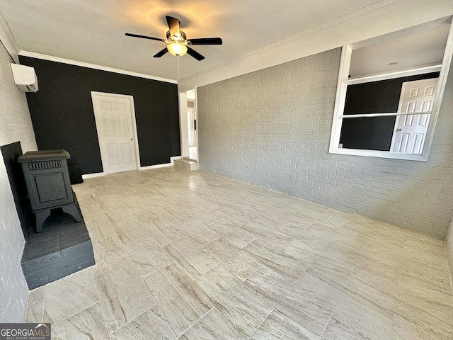 unfurnished living room featuring a wall mounted AC, a ceiling fan, a wood stove, and crown molding