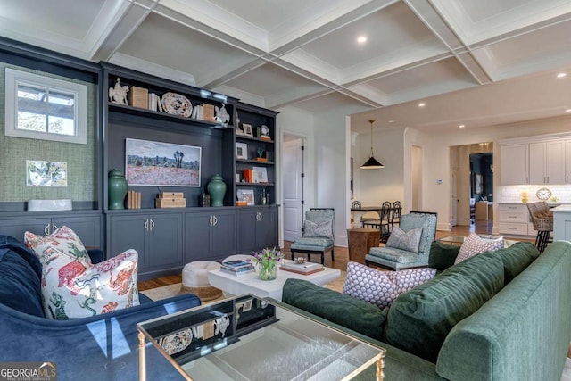 living area with recessed lighting, light wood-type flooring, beam ceiling, and coffered ceiling