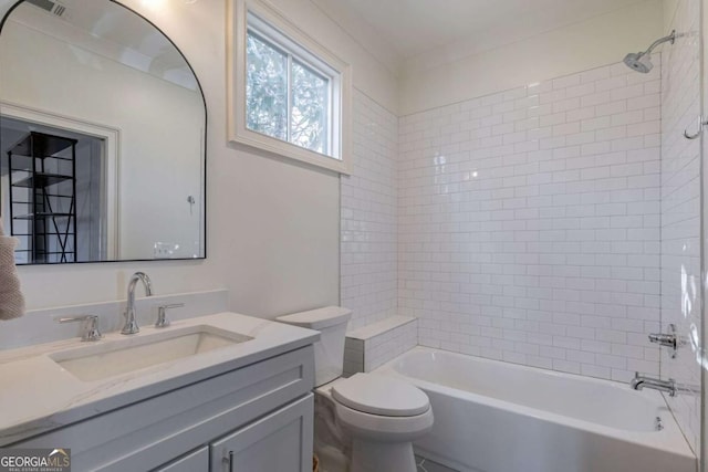 full bath featuring toilet, visible vents, vanity, and  shower combination