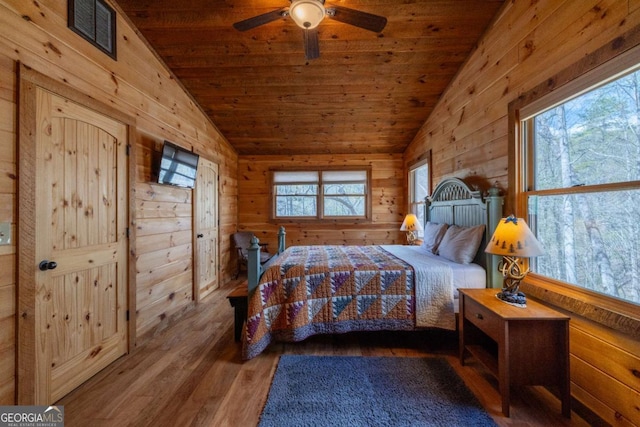 398 Dancing Trees Trl Unit 361, 362, Morganton, GA 30560 - bedroom featuring lofted ceiling, wooden ceiling, wood finished floors, and wood walls