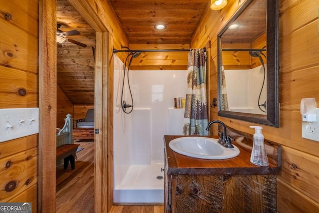 398 Dancing Trees Trl Unit 361, 362, Morganton, GA 30560 - full bath featuring wooden ceiling, wood finished floors, a shower stall, vanity, and wooden walls