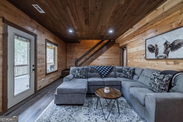 398 Dancing Trees Trl Unit 361, 362, Morganton, GA 30560 - living room with wooden ceiling, wooden walls, wood finished floors, and recessed lighting