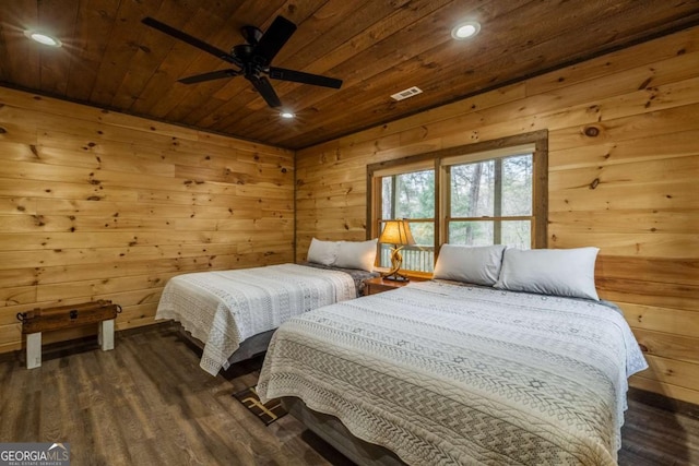 bedroom featuring wooden ceiling, wood walls, and recessed lighting