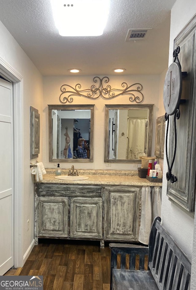 75 Ellis Jones Ln, Baxley, GA 31513 - bathroom featuring vanity, a textured ceiling, visible vents, radiator, and wood finished floors