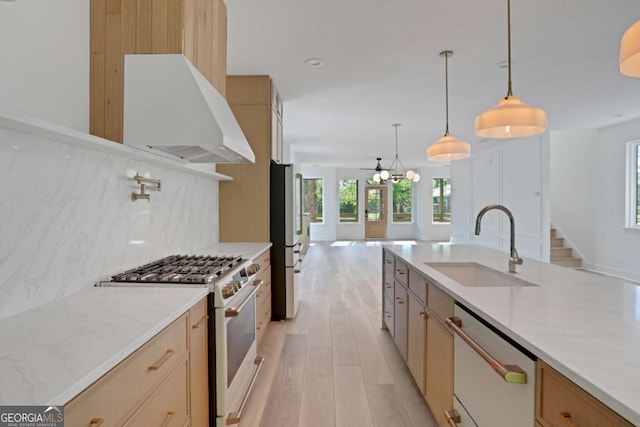 644 Glendale Rd, Scottdale, GA 30079 - kitchen with tasteful backsplash, a sink, white appliances, light wood finished floors, and custom range hood