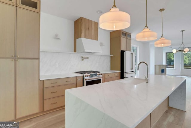 644 Glendale Rd, Scottdale, GA 30079 - kitchen with tasteful backsplash, range hood, a sink, an island with sink, and high end appliances