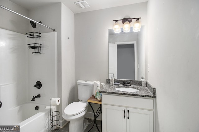 bathroom with bathing tub / shower combination, visible vents, vanity, and toilet