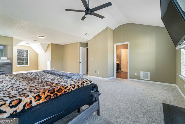 4180 W Stubbs Rd, College Park, GA 30349 - carpeted bedroom featuring a ceiling fan, baseboards, visible vents, and lofted ceiling
