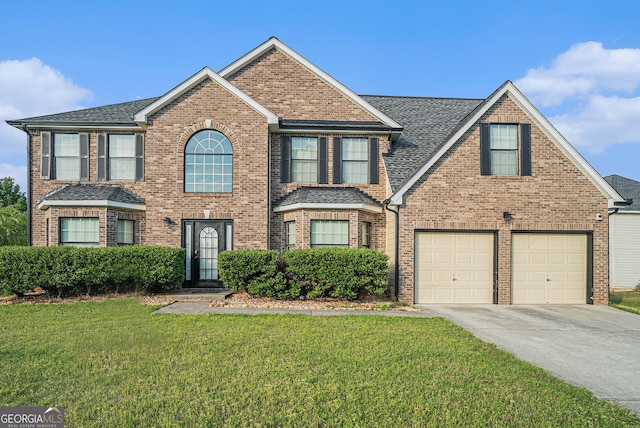 4180 W Stubbs Rd, College Park, GA 30349 - view of front of home featuring concrete driveway, brick siding, a shingled roof, and a front lawn