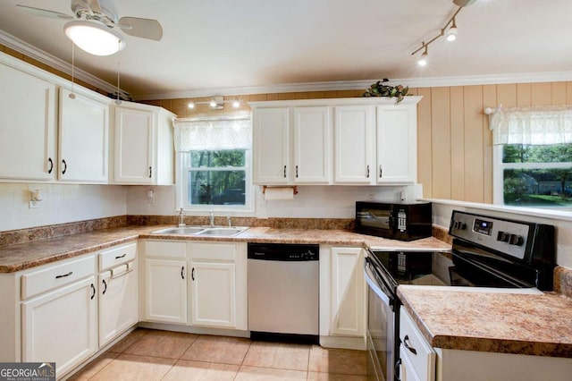 kitchen with a wealth of natural light, a sink, crown molding, and appliances with stainless steel finishes