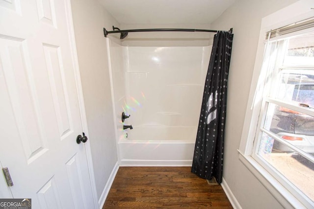 226 Vine St, Athens, GA 30601 - full bath with wood finished floors and shower / bath combo with shower curtain