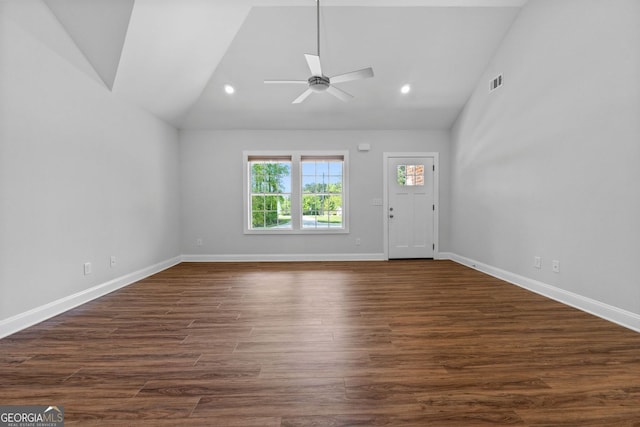 485 Swint Rd, Griffin, GA 30224 - entrance foyer with lofted ceiling, a ceiling fan, dark wood-type flooring, baseboards, and recessed lighting