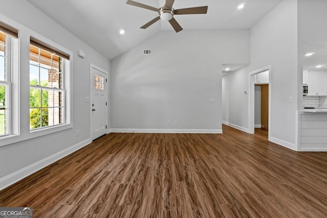 485 Swint Rd, Griffin, GA 30224 - unfurnished living room with a ceiling fan, dark wood finished floors, baseboards, high vaulted ceiling, and recessed lighting