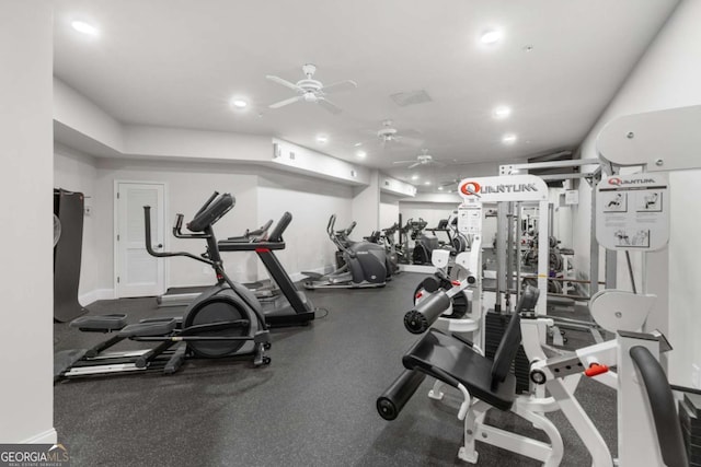 11 Perimeter Ctr E Unit 1404, Atlanta, GA 30346 - exercise room featuring a ceiling fan and recessed lighting
