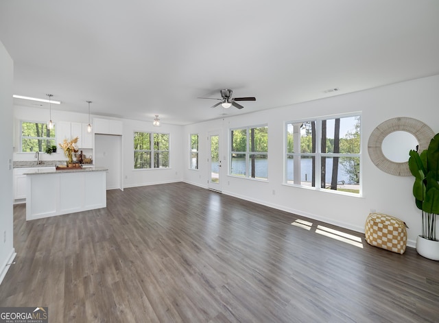 100 N Stewart Ln, Griffin, GA 30224 - unfurnished living room with visible vents, baseboards, dark wood-style flooring, a sink, and ceiling fan