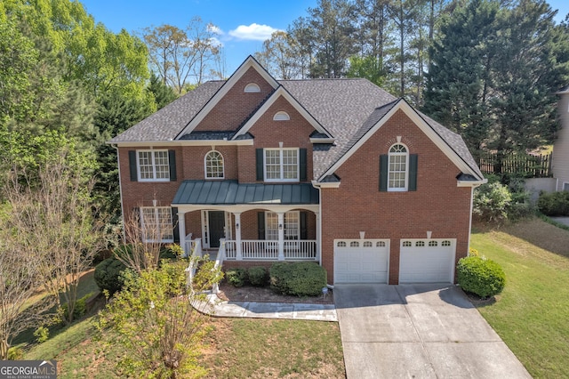 view of front of property featuring brick siding, a porch, and an attached garage